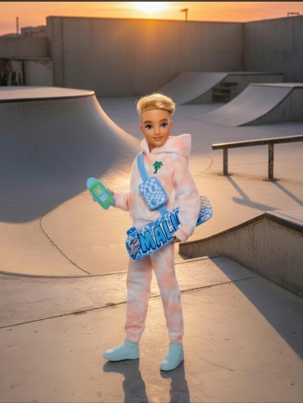 ♾️♡Barbie Peach Tie-Dye Hoodie & Joggers Doll with Blue Skateboard Accessories